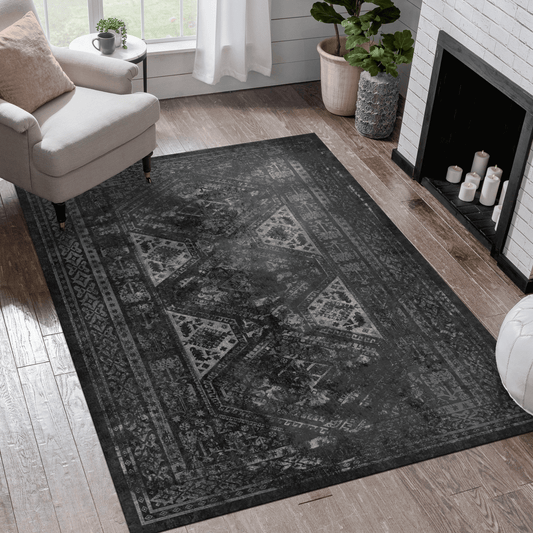 Naar, Machine Washable Area Rugs, Low-Pile, Non-Slip, Non-Shedding, Foldable, Kid & Pet Friendly - Area Rugs for living room, bedroom, kitchen, dining room rug - Perfect Gift, (Black/Gray)